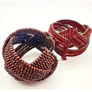 Vintage Multi Row Wood Bead Cuff Bracelet Lot Red Brown Memory Wire Wrap Boho